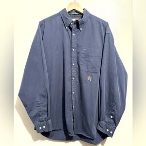 Tommy Hilfiger Men's Navy Preppy Button-Down Shirt w/ Embroidered Crest Logo Lrg